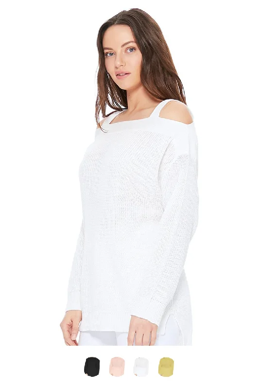 YEMAK Women's Cold Shoulder Long Sleeve Knit Tunic Top Pullover Summer Sweater MK3631