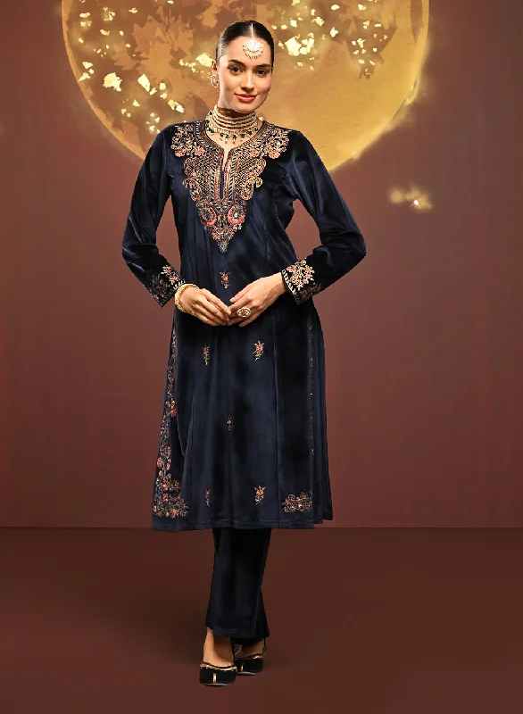 Mayal Navy Embroidered Velvet Kurta Set for Women