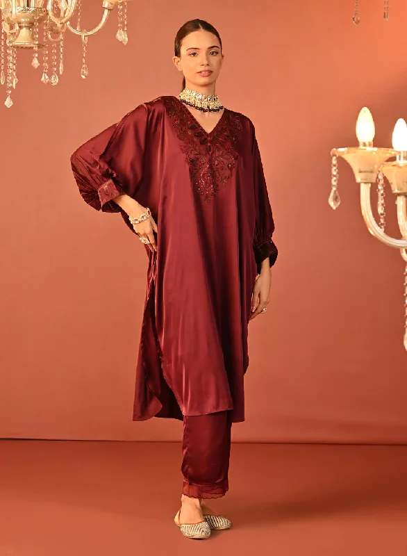 Zaaria Wine Embroidered Satin Kurta Set for Women