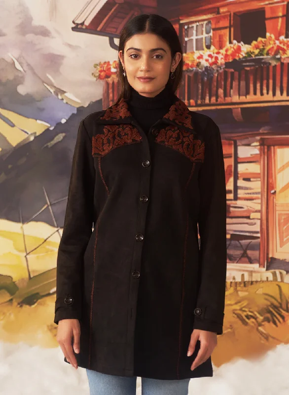 Raya Brown Embroidered Suede Shacket for Women