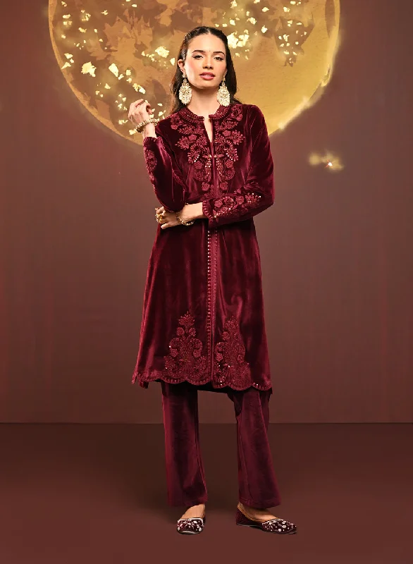 Nitara Maroon Embroidered Velvet Co-ord Set for Women