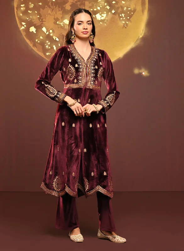 Shanaya Maroon Embroidered Velvet Kurta Set for Women