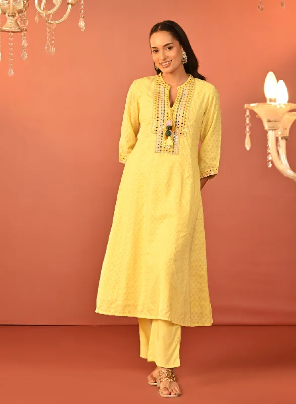 Shanaya Lemon Embroidered Cotton Jacquard Kurta Set for Women