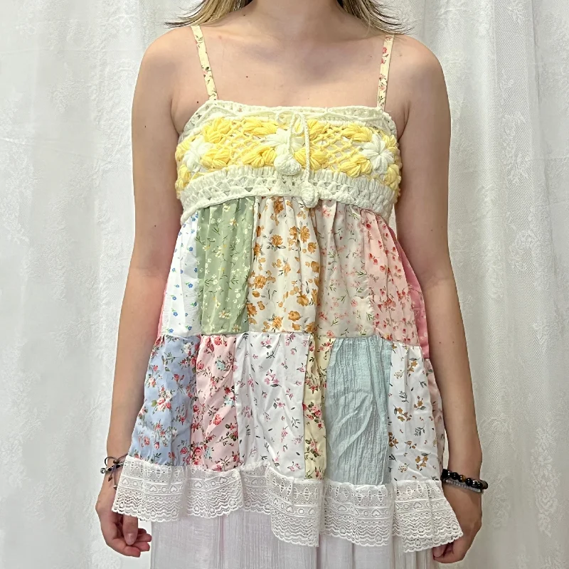 White Yellow Crochet Pastel Flowers Patchwork Cami Top