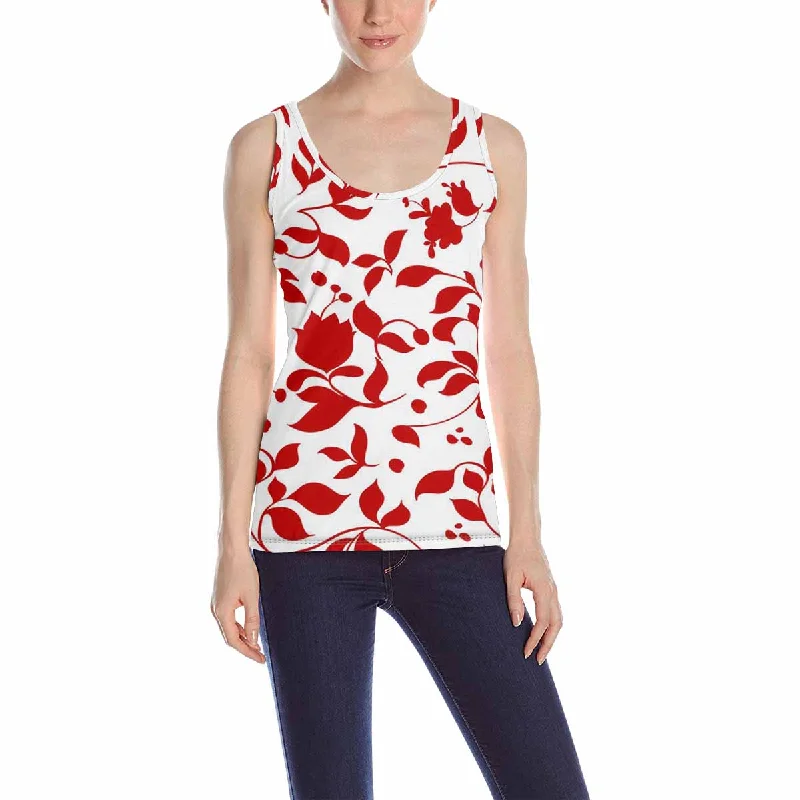 Womens Tank Tops print with red floral leaves