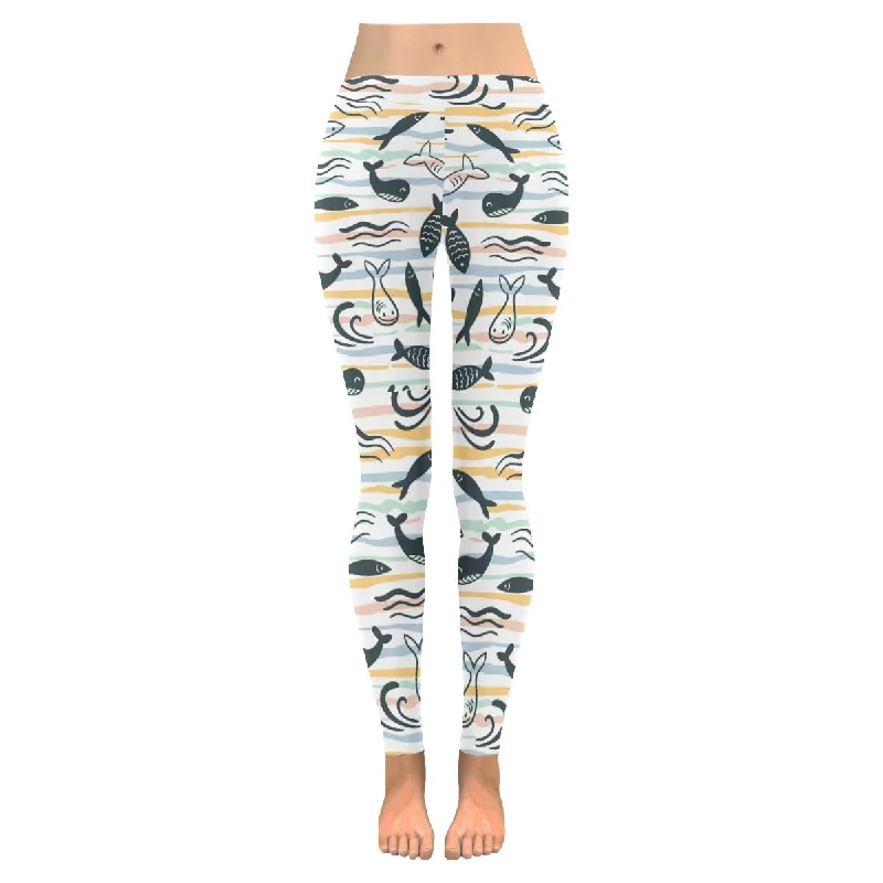 Womens Low Rise Doodle fishes print on outdoor yoga Leggings plus size:XXS-5XL