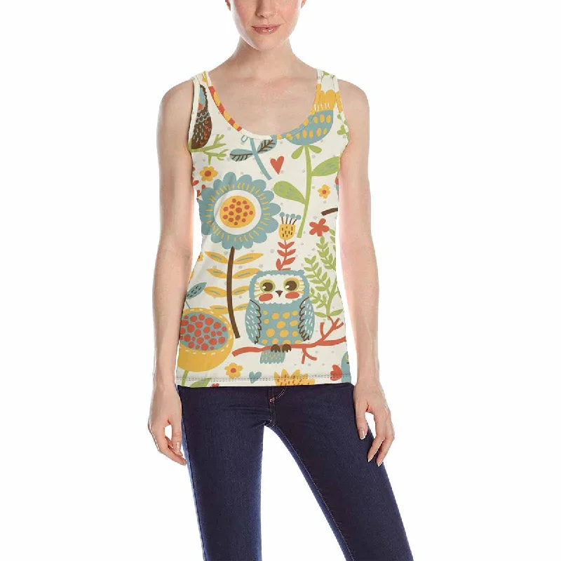 Womens Tank Tops print with cute floral pattern with owl and bird