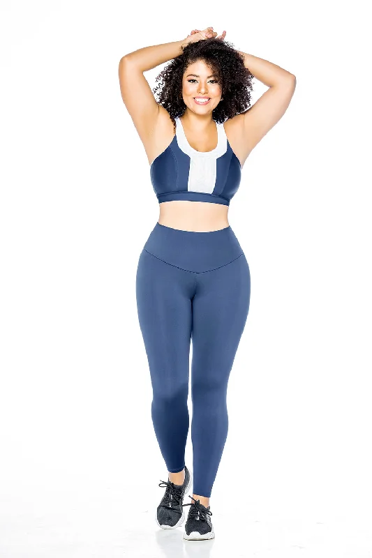 NC0083 Legging Deportivo Color Azul con Faja Interna Moldeadora Efecto Push UP