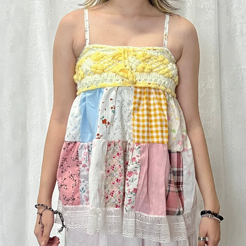 Yellow Crochet Yellow Pink Gingham Patchwork Cami Top