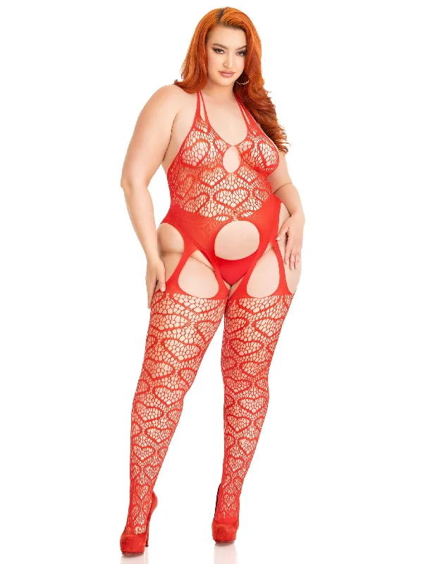 Seamless Heart Net Suspender Bodystocking - 1x/2x  - Red