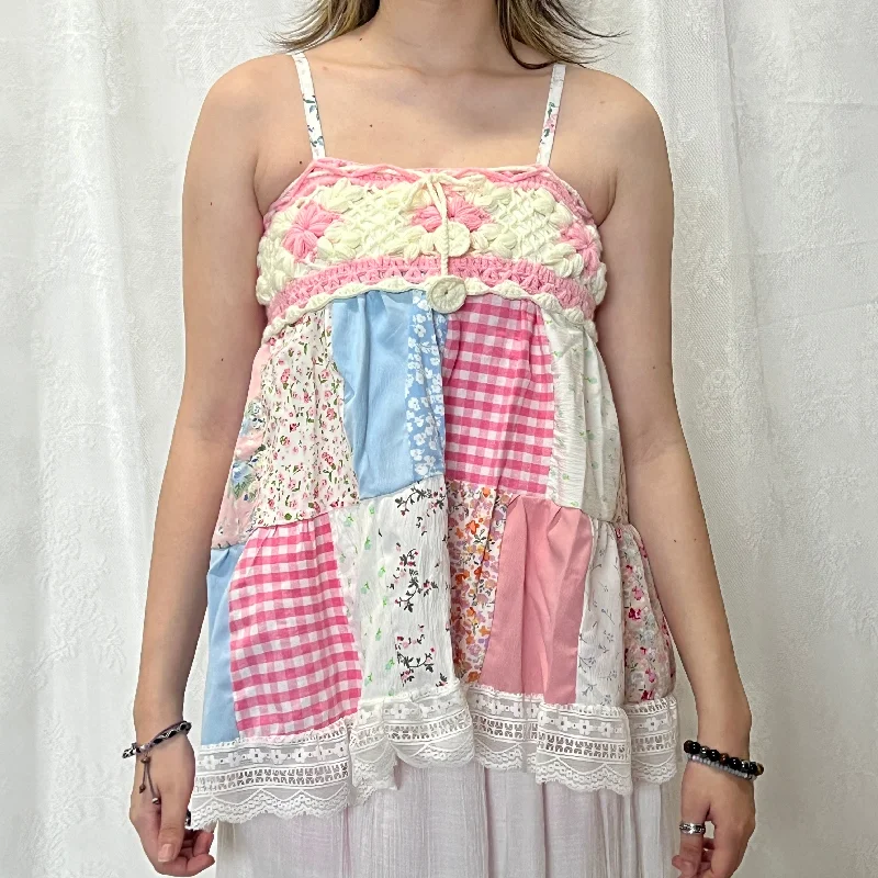 Pink Flower Crochet Gingham Blue Solid Patchwork Cami Top