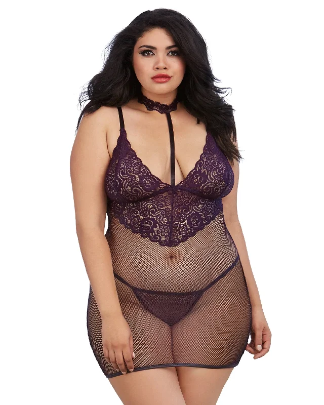 DG RD 11840X Plus Size Lace and Fishnet Chemise with Stretch Lace Collar