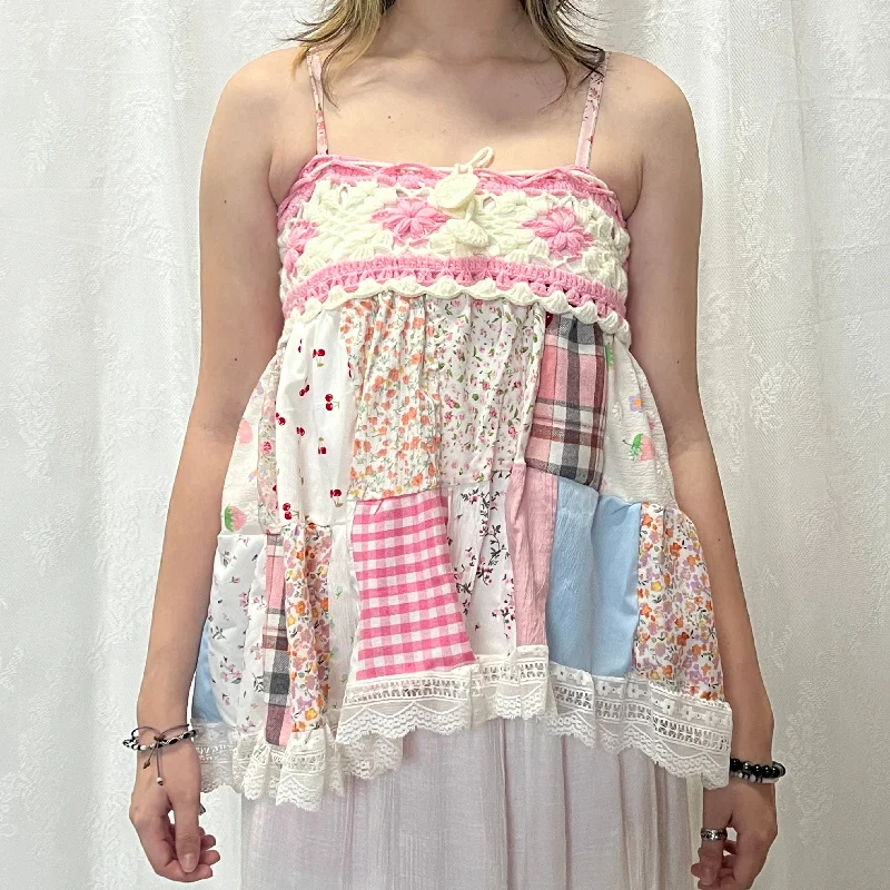 Pink White Crochet Plaid Gingham High-low Patchwork Cami Top