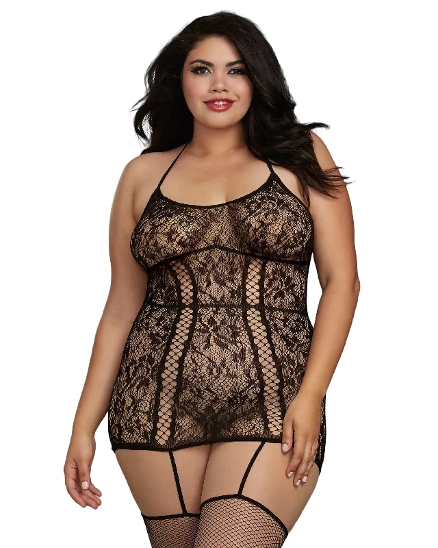 DG 0331X Plus Size Lace Garter Dress with Criss-Cross Details