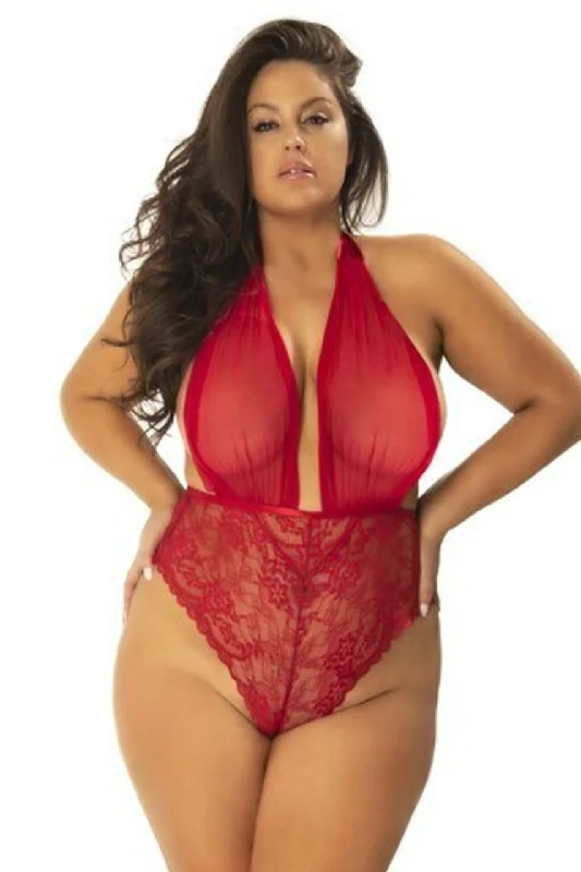 Curvy Aria Sheer Plunge Halter Teddy