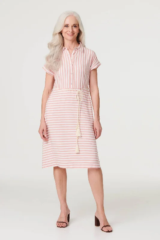 Striped Tie Waist Knee Length Dress