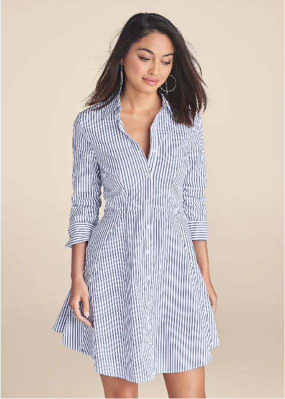 Collared Shirt Dress - Off White & Navy