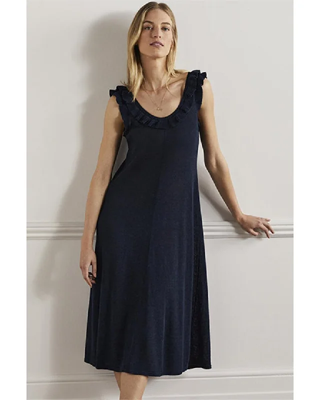 Boden Frill Neck Knit Linen-Bend Midi Dress