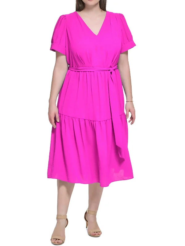 Plus Womens Tiered Polyester Midi Dress