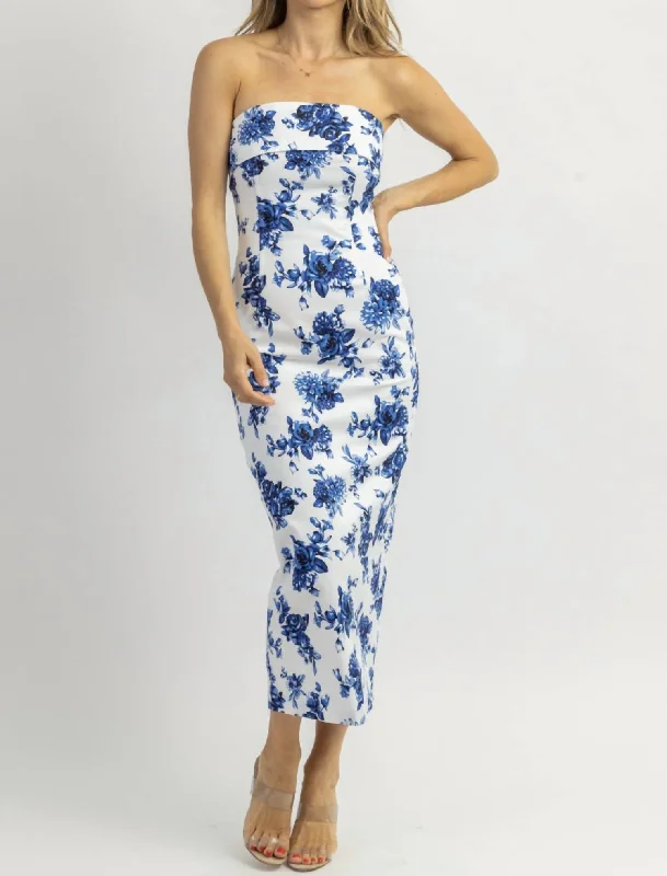 Strapless Midi Dress In Smitten Blue And White