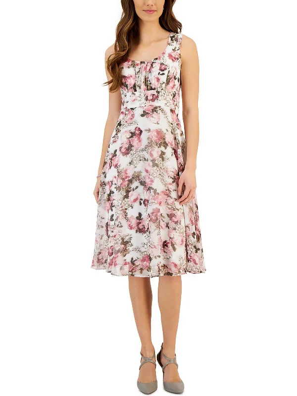 Womens Floral Print Chiffon Midi Dress