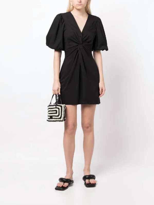 Bette V-Neck Poplin Puff Sleeves Mini Dress In Black