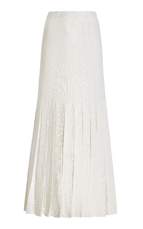 Debutante Knit Pleated Maxi Skirt in Ivory Merino Wool