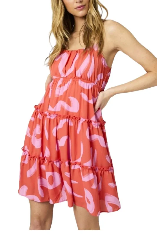 S/l Tiered Abstract Mini Dress In Coral/pink