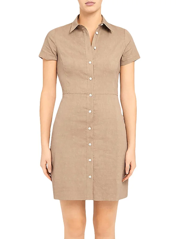 Womens Linen Blend Mini Shirtdress