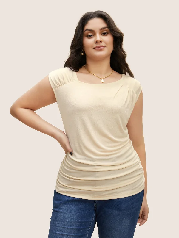 Asymmetrical Neck Pleated Cap Sleeve T-shirt