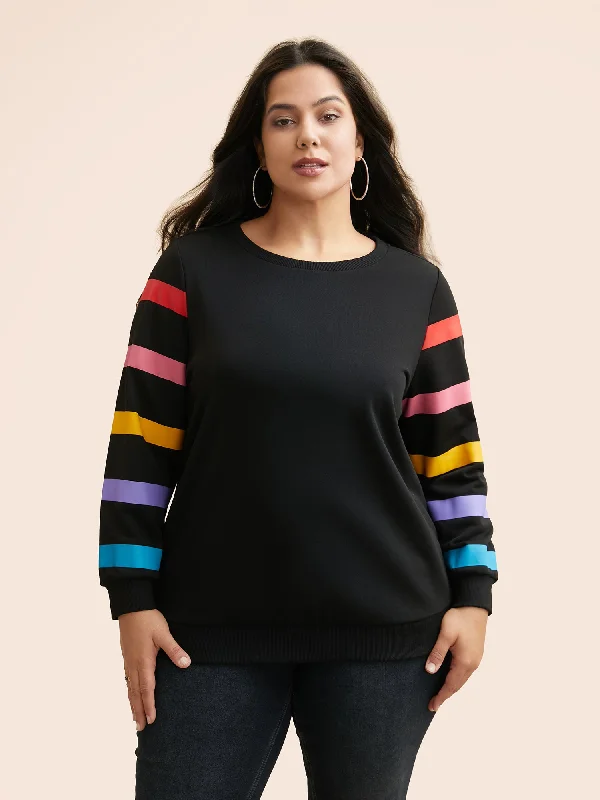 Colored Striped Patchwork Slightly Stretchy Sweatshirt