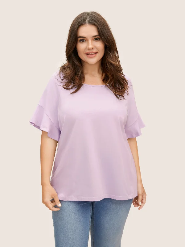 Cotton Round Neck Plain Patchwork Ruffles T-shirt