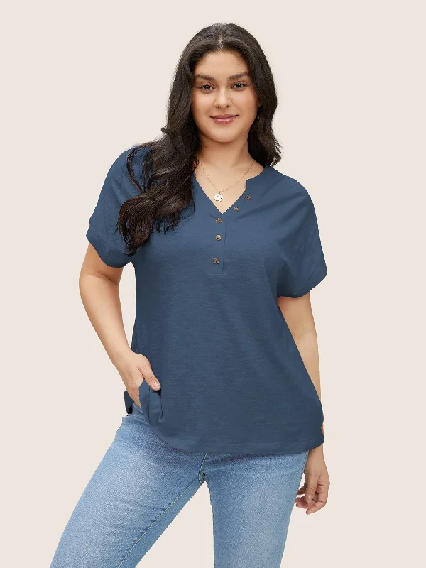 Cotton Solid Notched Dolman Sleeve T-shirt