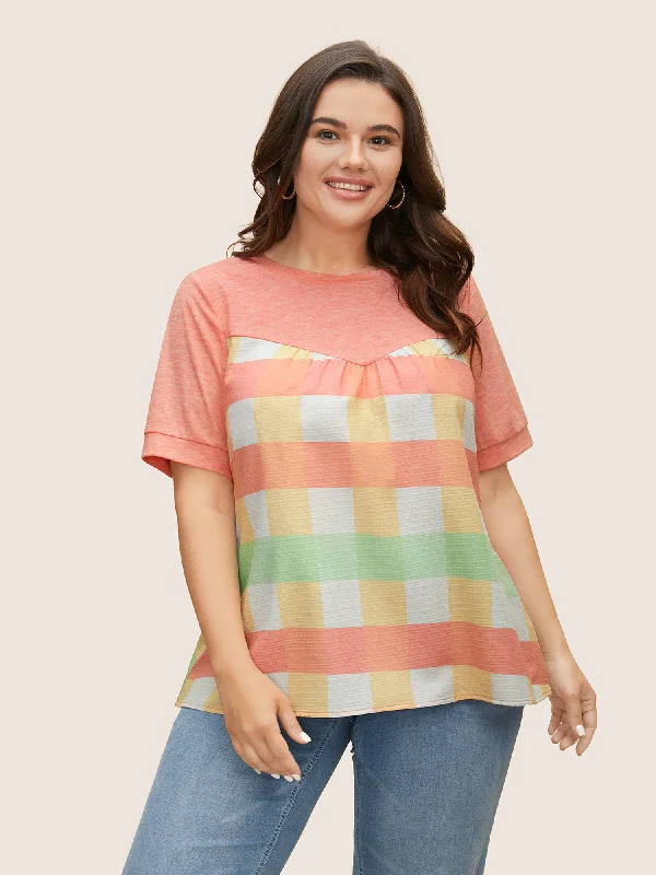 Crew Neck Colored Plaid Patchwork Gathered T-shirt