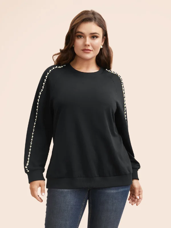 Crew Neck Pearl Beaded Raglan Sleeve Sweatshirt