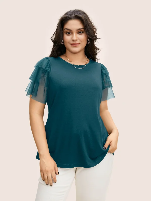 Crew Neck Tiered Mesh Patchwork T-shirt