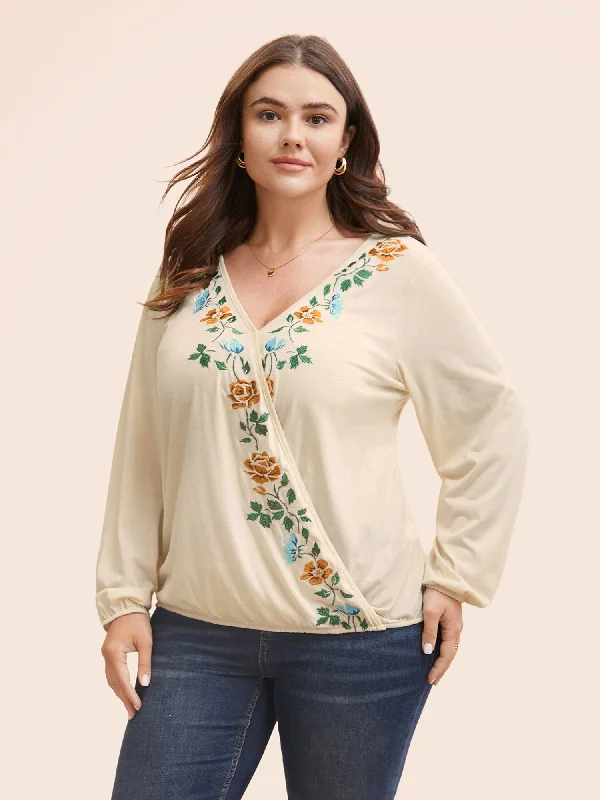 Overlap Collar Floral Embroidered Lantern Sleeve T-shirt