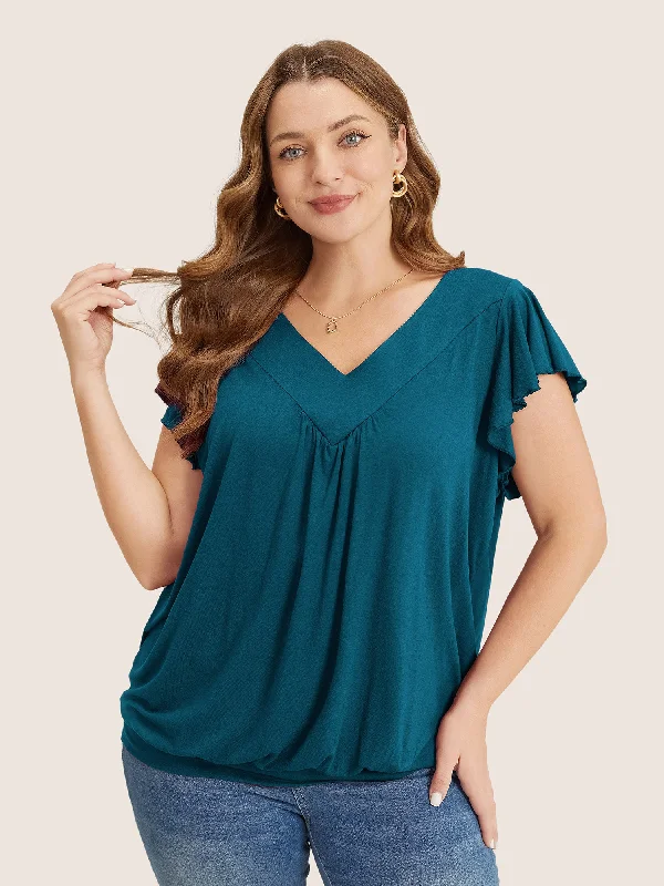 Plain Gathered V Neck Ruffle Sleeve T-shirt