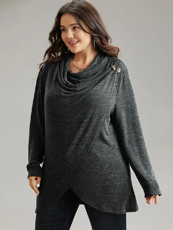 Plain Heather Cowl Neck Button Detail Sweatshirt