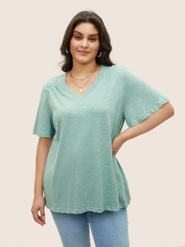 Plain Ruffle Sleeve Heather V Neck T-shirt