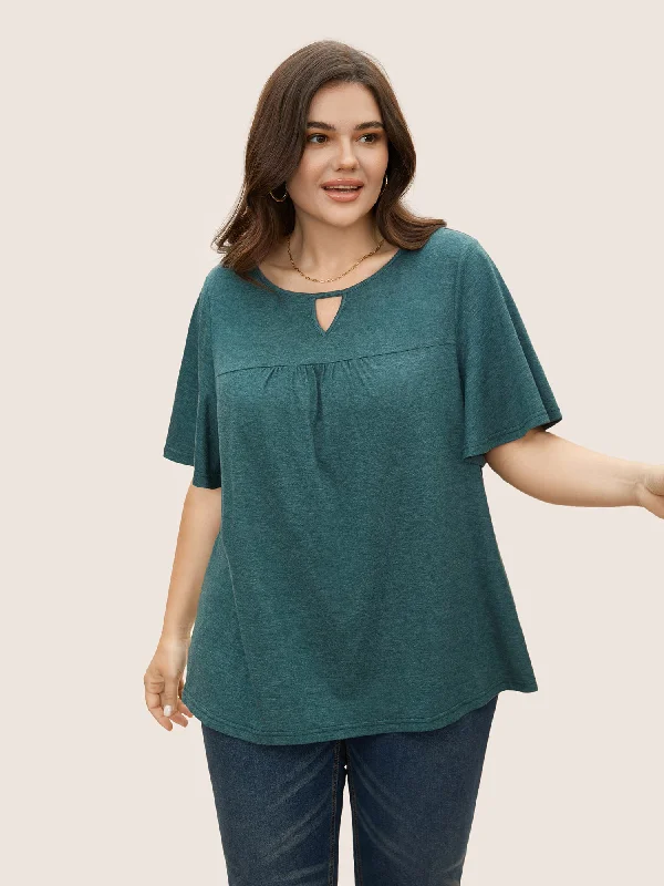 Plain Ruffle Sleeve Keyhole Gathered Crew Neck T-shirt