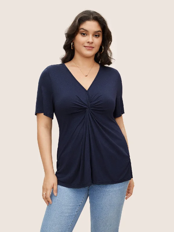 Plain V Neck Twist Front T-shirt