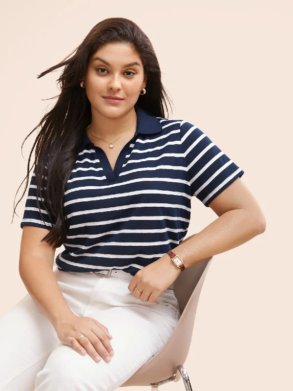 Polo Neck Striped Contrast T-shirt