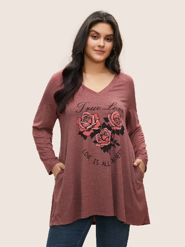 Rose Print Pocket Raglan Sleeve Tunic T-shirt