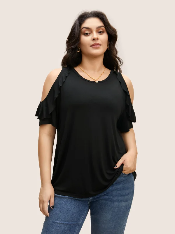 Solid Cold Shoulder Ruffle Trim T-shirt