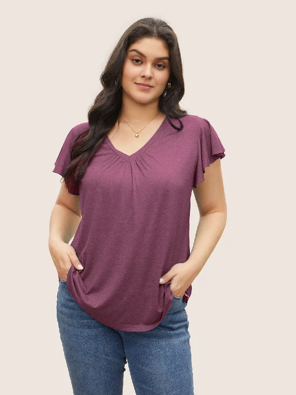 Solid Heather Gathered Ruffle Sleeve T-shirt