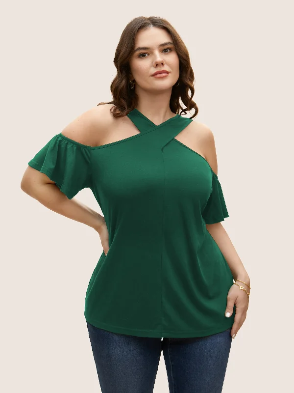 Solid Overlap Collar Ruffle Sleeve T-shirt