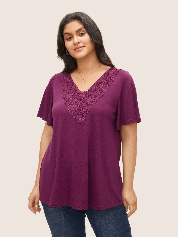 Solid Ruffle Sleeve Lace V Neck T-shirt