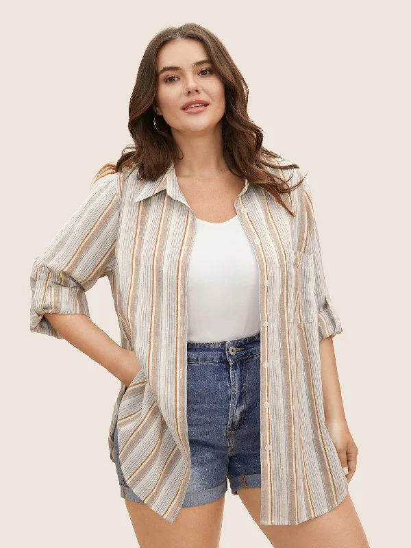 Cotton Striped Shirt Collar Tab Sleeve Blouse