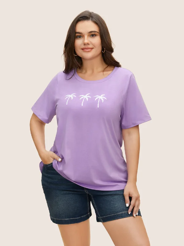 Tropical Coconut Tree Print Round Neck T-shirt